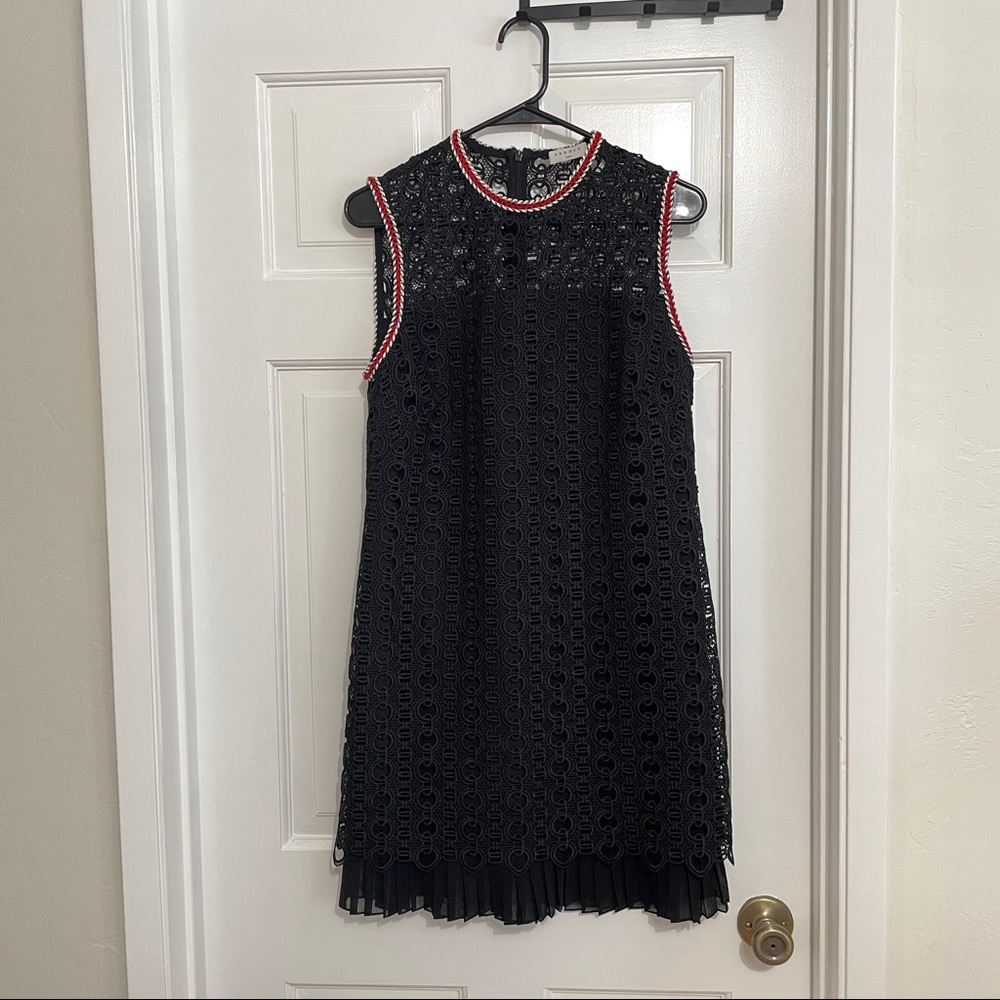 Sandro crochet black dress with red/white braided details